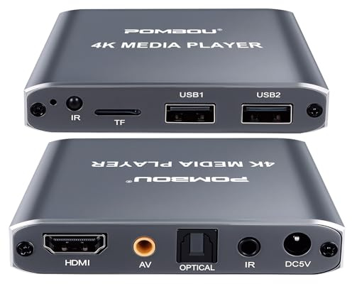 POMBOU 4K HD Digital Media Player for USB/Micro SD, HDMI AV Optical Output | Plug & Play, Support TV Projector Digital Signage, H.265/HEVC, MP4 MKV MP3 Subtitle Photo PPT PDF, Looping Auto Playback