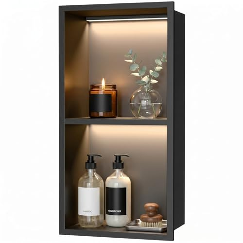 60 x 30 cm, niche de douche murale, niche de douche encastrée en acier inoxydable 304 avec éclairage LED et transformateur, double couche, étagère de rangement pour salle de bain, rangement et