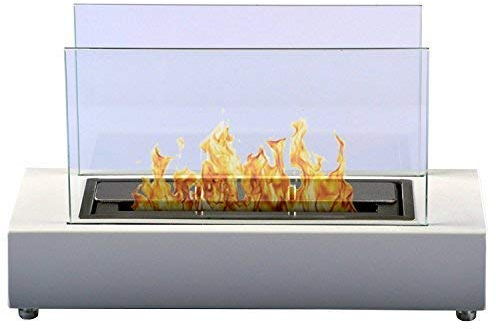 BERLIN Tischkamin Bio Ethanol mit Sicherheitsglas Kamin Gelkamin Dekofeuer Standkamin Lounge-Feuer Avantgarde Sockel & Glaswand quadratischer Brennkammern 40 x 16 x 24 cm, 1200 ml Brenner Weiß Klar