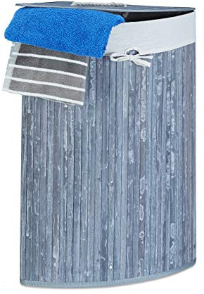 Relaxdays Eckwäschekorb Bambus, faltbare Wäschebox 60 l, platzsparend, Wäschesack Baumwolle, 65 x 49,5 x 37 cm, grau