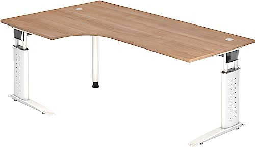 bümö höhenverstellbarer Eckschreibtisch U-Serie 200x120 Nussbaum, Gestell in weiß - Schreibtisch L Form, großer Tisch für's Büro, Computertisch höhenverstellbar
