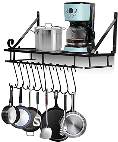 Wall Mounted Metal Pot Pan Rack Organiser, 45CM Kitchen Hanging Storage Shelf with 10 Hooks for Utensils & Cookware, Black