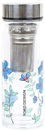 YOKO DESIGN - THEIERE en Verre Double PAROI Garden PAR'TEA 350 ML avec Fleurs Bleues