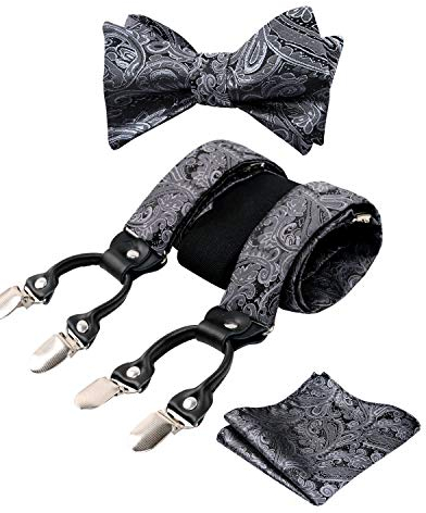 Alizeal Herren verstellbare Blumen Paisley selbst gebundene Fliege, Einstecktuch und elastische Y-Form 6 Clips Hosenträger Set, grau
