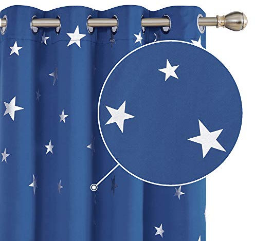 Deconovo Silver Star Curtains Foil Printed Blackout Curtains Thermal Insulated Eyelet Blackout Curtains for Baby Nursery 66 x 72 Inch Blue 2 Panels