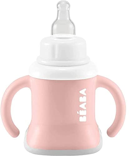 BÉABA Tasse d'Apprentissage Bébé, Fonction Biberon/Gourde/ Tasse, Anti-fuite, Facilite la prise en main, ergonomique, Paille, Évoluclip 3 en 1, Capuchon, Old Pink