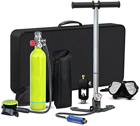 FGKING Tanque de Buceo Portátil, 1L Aviación Aluminio Mini Buceo Tanque de Oxígeno Respirador Subacuático Bomba de Aire de Alta Presión Cilindro de Buceo Kit de Equipo de Buceo Snorkeling,Verde,1L