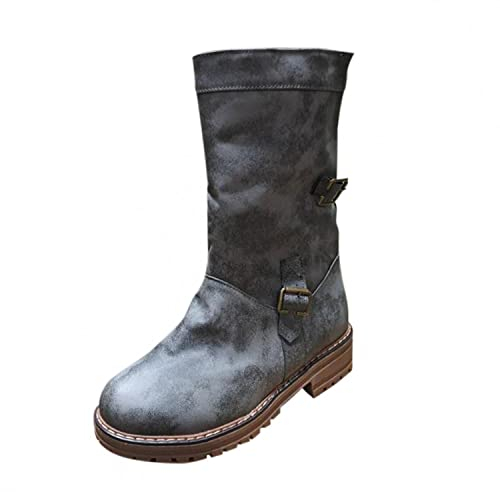 Stivali Pelle Chelsea Boots Stivale Alto Stivali Donne Stivali da Donna in Pelle Piatta Comoda Fibbia con Cerniera Scarpa da Cowboy con Tacco Basso Cavaliere (40,Grigio)