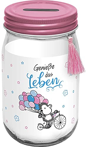 Sheepworld Sparglas Motiv Genieße | Spardose mit Deckel, Höhe 13,8 cm | Geschenk, Geburtsag, Hochzeit, Geldgeschenk | 47115