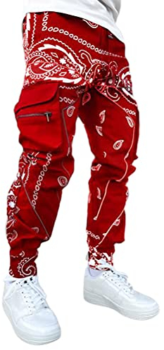 Onsoyours Herren Hip Hop Jogger Cargo Pants Hosen Baggy Streetwear Punk Hose Cargohose Outdoorhose Männer Sporthose Freizeithose Jogging Treckking Casual Mit Taschen A Rot M
