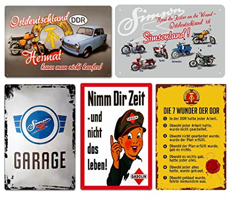 5er Set - Simson DDR Retro Blechschild 20x30cm - Motorrad Auto Garage Motoröl - Metallschild Wandschild Wanddekoration - Nostalgie Schild Deko Geschenk