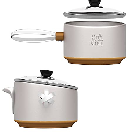 BruChai Brewer - Classic Chai Brewing Pot with Built-In Mesh Strainer - No-Mess Brewing Vessel with Non-Stick Coating - Patented Handy Brew & Pour Steel Teapot with Burn-Proof Handle