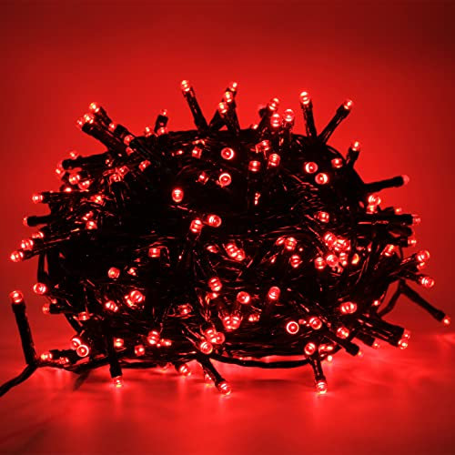 Luccika stringa natalizia con luci a led su cavo verde per uso interno ed esterno controller 31V con 8 giochi di luce e memoria (Rosso, 15 Metri con 300 Led)