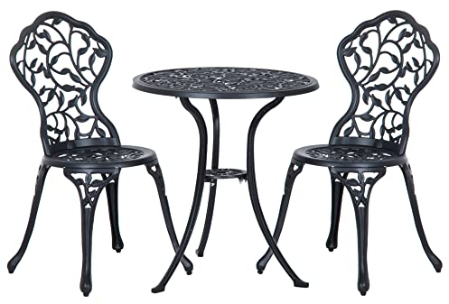 Outsunny Bistroset 3-TLG. Gartenset aus Aluminiumguss Balkonset Balkonmöbel Set Bistrotisch mit 2 Stühlen Gartenmöbel Schwarz