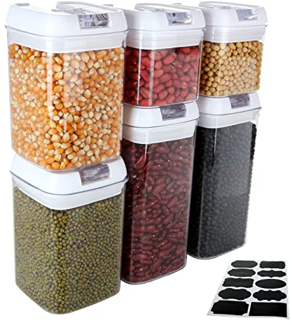 LOLYSIC Airtight Cereal Storage Containers, Set of 6, Airtight Food Storage Containers, Stackable Kitchen Pantry Storage Containers for Food, Flour, Cereal, Spaghetti (White, 0.5L, 0.8L, 1.2L)