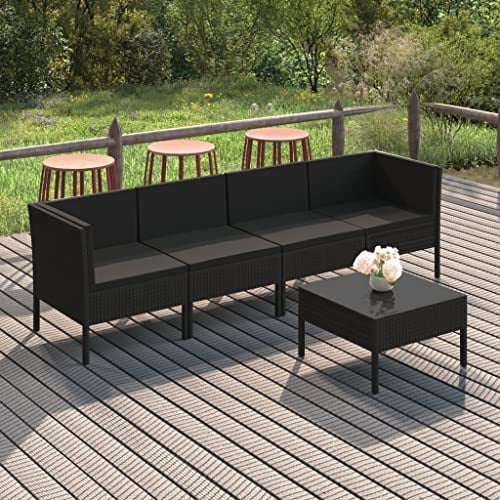 vidaXL Gartenmöbel 5-TLG. mit Auflagen Tisch Fußhocker Ecksofa Mittelsofa Sitzgruppe Sofa Lounge Garten Garnitur Gartensofa Gartenset Poly Rattan Schwarz