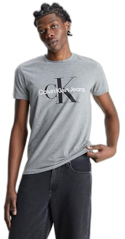 Calvin Klein Herren T-Shirt Kurzarm Core Monologo Slim Fit, Grau (Mid Grey Heather), XXS