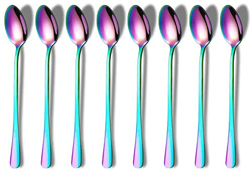Rainbow Cucchiai con manico lungo, per mescolare caffè, caffè e tè, in acciaio inox, set di 8 (colorati)