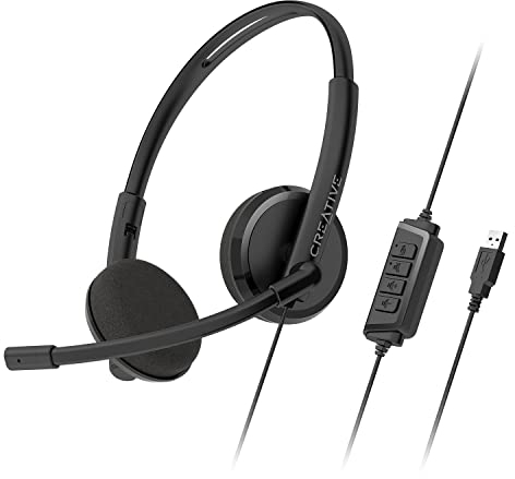 Creative HS-220 Cascos USB con micrófono de condensador con cancelación de ruido y botón de control remoto incorporado para silenciar el micrófono.