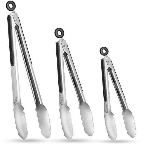 HOTEC Juego de pinzas de cocina de acero inoxidable de 3 a 7 pulgadas, 9 pulgadas y 12 pulgadas, pinzas de metal con bloqueo para alimentos, agarre antideslizante
