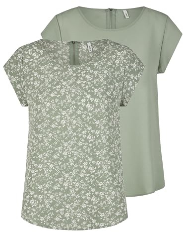 ONLY Tshirt Damen Regular Fit ONLVIC 2er Pack Rundhals Kurzarm Bluse Top Sommer Basic Muster Einfarbig Grün 40, Größe:40, Farbe:Lily Pad (15284243)