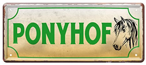 Ponyhof Deko Blechschild - Retro Dekoschild für Reiterhof Reitstall Pferdebox - 28x12cm