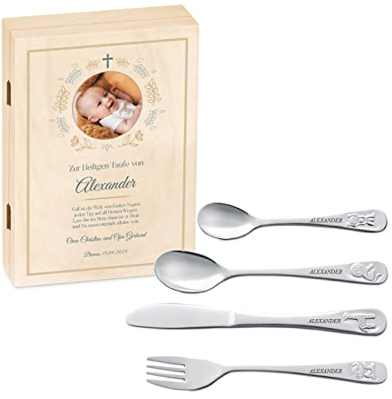 Maverton Kinderbesteck Set mit Gravur + Holzbox mit Aufdruck - aus Edelstahl - mit Tieraufdruck - 4-teilig - personalisierbar - Braun - Geschenk Geburtstag, Taufe, Geburt - Foto 3