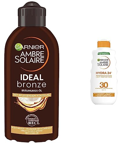 Garnier Bräunungsöl für vorgebräunte und dunkle Haut, Feuchtigkeitsspendendes Sonnenöl mit Kokosduft für intensive Bräune & Sonnenschutz-Milch, LSF 30
