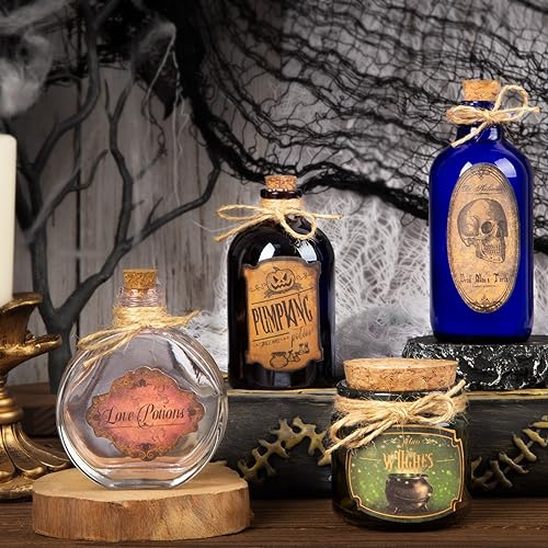 HOHUCRAB Halloween Decoration Potion Bottles – 4 Glass Jars 10 Labels Witch