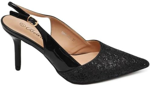 Scarpe Decollete Slingback Donna Elegante Punta Glitter Vernice Lucida Nero Tacco 12 cm Cerimonia Cinturino Retro (38 EU)
