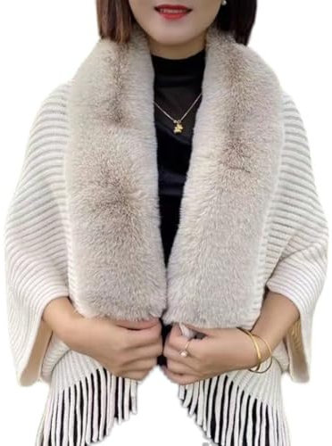 HOUSN Gestricktes, lockeres Kaninchenfellimitat mit Schal, Poncho Schal für Damen Strick Cape - Vorne Offener Cardigan, Damen Winter Kunstpelz Poncho,1