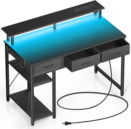 Rolanstar 100cm Computer Desk with Drawers, Home Office Desk with LED Lights, Storage Shelves, Power Outlets, Gaming Desk Study Writing Table for Work Play(Black)
