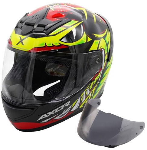 Motorcycle Full Face Crash Helmet Motorbike Scooter Free Smoked Visor Axor Rage Python Red Yellow Black Gloss (Large)