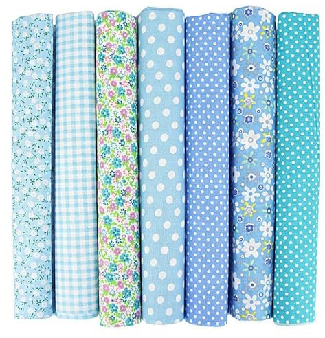 Baumwollstoff Stoffpaket, 7 Stück 25 x 25cm Stoffe Zum Nähen Patchwork DIY Baumwolltuch Meterware Stoffreste für Kleidung, Bettwäsche, Vorhänge, Tischdecken - Blau