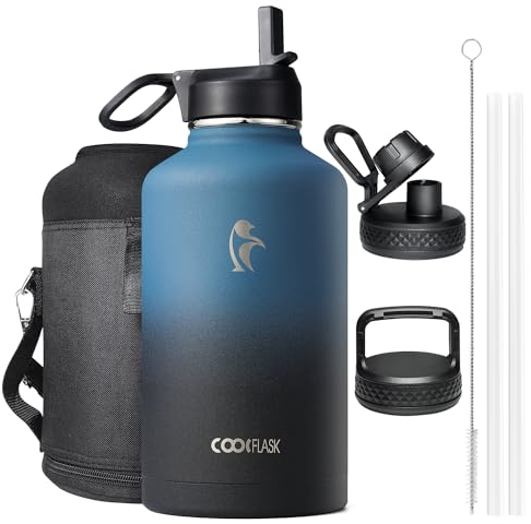 Bouteille d'eau isotherme 2L, Coolflask Bouteille d'eau avec paille et 3 couvercles, Bouteille d'eau froide et chaude en acier inoxydable, isolée, sous double vide et étanche, Noir Indigo