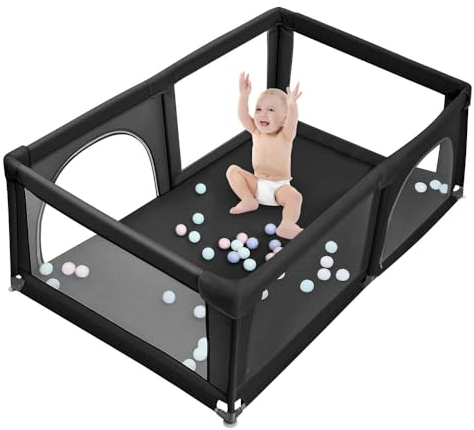 Laufgitter und Laufstall für Babys, Extra-großer Baby-Laufstall für drinnen und draußen mit weichem atmungsaktivem Netzmaterial -180 * 120 * 66 cm-schwarz