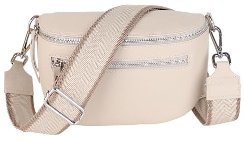 MIRROSI® Damen Bauchtasche Umhängetasche 27x14,5x8cm Damen, Made in Italy, aus Echtleder Tasche Echtes Leder, Brusttasche, Crossbody Bag,Bohemian Style (1 Tasche 2 Gurte) (Beige Klassik)