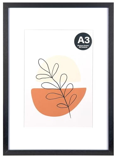 KAIWIN Bilderrahmen Schwarz A3-mit Passepartout 21x30 cm (A4), Fotorahmen mit Acrylglas zum aufhängen, Für Fotos, Poster, Puzzles| Posterrahmen