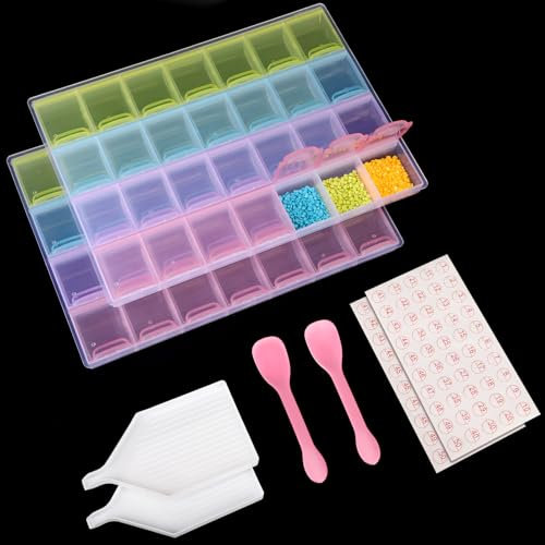 Segbeauty Contenitore Plastica, 2 Pezzi Scatoline Trasparenti con 28 Scomparti, Scatole Organizer per Diamond-Painting, Scatola con Scomparti con Etichetta e Altri Accessori (Colorato)