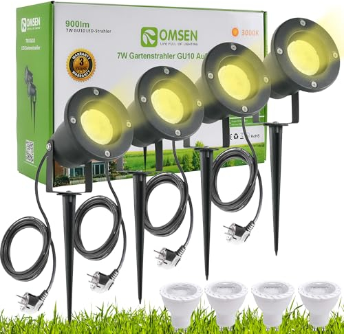 OMSEN Gartenstrahler mit Erdspieß GU10 7W Warmweiß 230V, Robuste IP67 Wasserdicht Gartenleuchte, Austauschbare GU10 Leuchtmittel, Gartenbeleuchtung mit Strom für Außen Garten Rasen Baum, 4er set