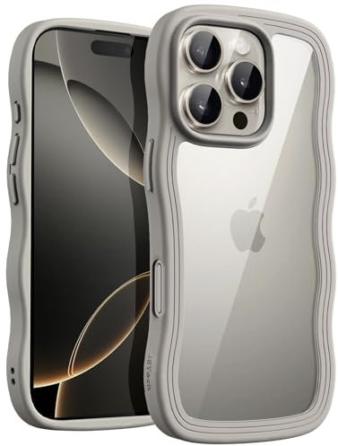 JETech Wavy Case for iPhone 16 Pro 6.3-Inch, Cute Wave Frame Curly Shape Shockproof Phone Cover for Women and Girls, Clear Hard PC Back (Natural Titanium)