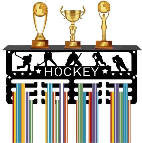 CREATCABIN Hockey Medaillenhalter Trophäenregal Mit 12Haken Metall Medaillenaufhänger Zur Wandmontage Für 60+Sportmedaillen Organizer Rack Mit Ablage Für Männer Frauen Auszeichnungen Rennen 29x13x10cm