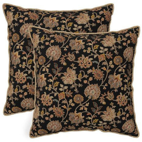 Dekorative Kissenbezüge im Vintage-Stil, Gobelin-Blumenmuster, weicher Samt, 40,6 x 40,6 cm, rustikaler Retro-Teppich, Kissenbezug für Sofa, Couch, Heimdekoration, 2 Stück, Schwarz / Braun