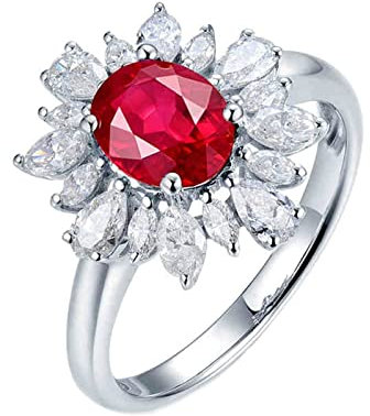 KnSam Echter Goldschmuck, Eheringe 18 Karat Weißgold, Sonneblume Damenring 1.2ct Labor Erstellt Rubin mit Diamant, Geburtstagsgeschenk für Frauen, Weiß Gold, Gr.49 (15.6)