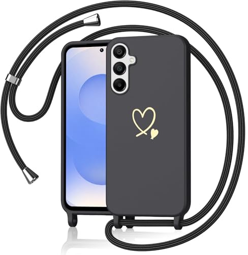 Yichxu Handyband für Samsung Galaxy S25 5G/ S24 5G Hülle mit Band, Herz Design Necklace Handyhülle zum Kordel, Stoßfest Schutzhülle mit Kette, Weich Liquid Silikon Case für Samsung S24/S25, Schwarz