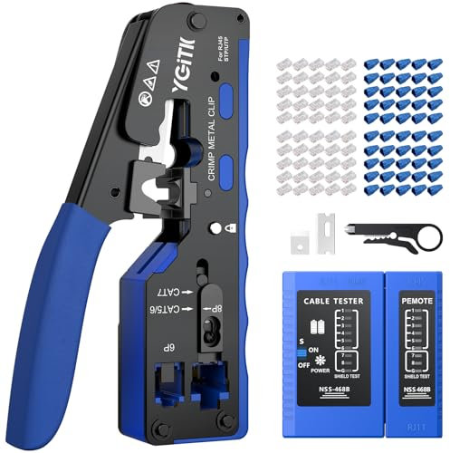 YGiTK Herramienta de Crimpado RJ45 con Probador Red, Kit de Herramienta de Red Alicates de Crimpar para 8P RJ45 CAT5, CAT5e, CAT6, CAT6a, CAT7, CAT7a con 50PCS Conectores Pasantes y Tapas Protectoras