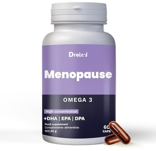 DREIZOL Menopausia - 8 en 1 - Formulado con Omega 3, Vitamina B, D Y E - Calcio, Magnesio, Zinc, Selenio, Manganeso. Biotina y Hierro - Complemento alimenticio para la menopausia - 60 Cápsulas