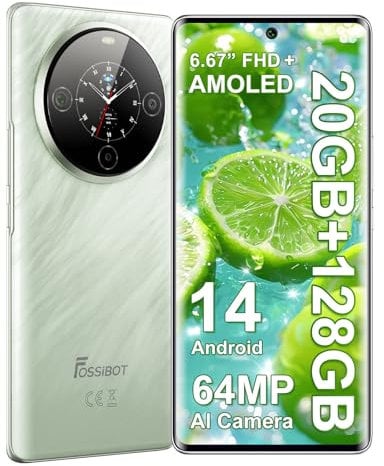 FOSSiBOT Smartphone Android S3 Pro 2025, pantalla AMOLED de 6.66 pulgadas + pantalla trasera de 1.1 pulgadas, 20 GB de RAM + 128 GB/1 TB, cámara AI de 64 MP, batería de 5000 mAh con carga de 18 W, NFC