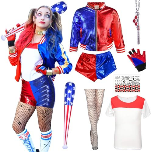 BIQIQI Clown Kostüme Erwachsene, Clown Quinn Cosplay Kostüme mit T-Shirt Jacke Shorts Baseballschläger Netzstrümpfe und Tatto Clown kostüm Damen für Halloween Karneval Joker Fasching Cosplay L