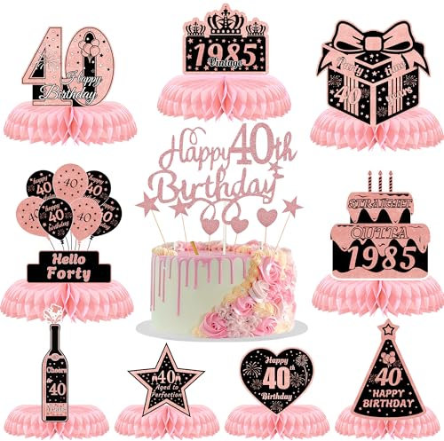 JGIIIJLP 40th Birthday Honeycomb Table Decoration - 10 Pcs, Rose Gold, Birthday Occasion, Includes Honeycomb Centerpieces & Cake Topper